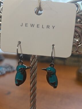 Teal Kingfisher Bird Drop Earrings